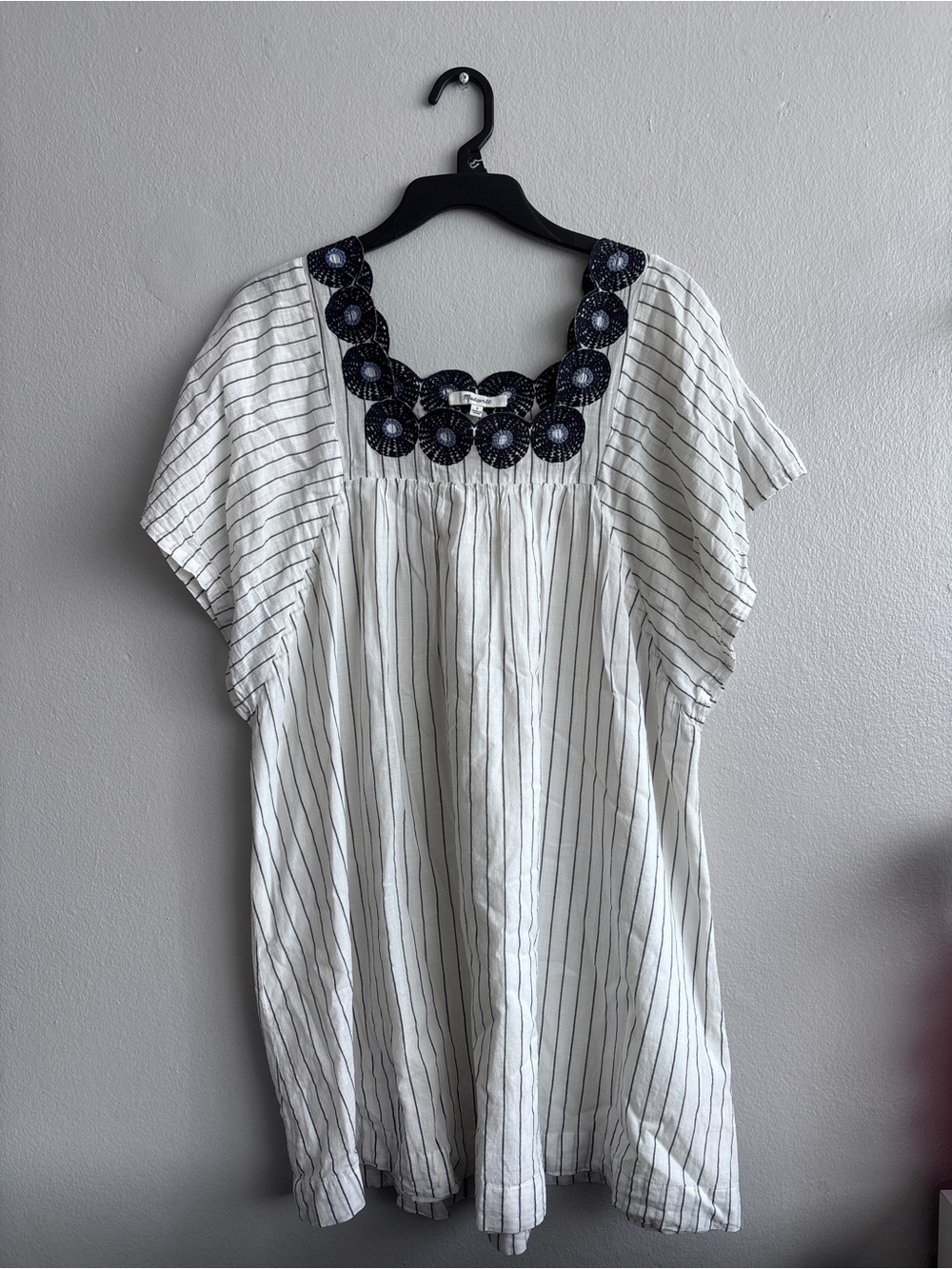 Madewell White Striped Tunic with Navy Crochet Square Neck